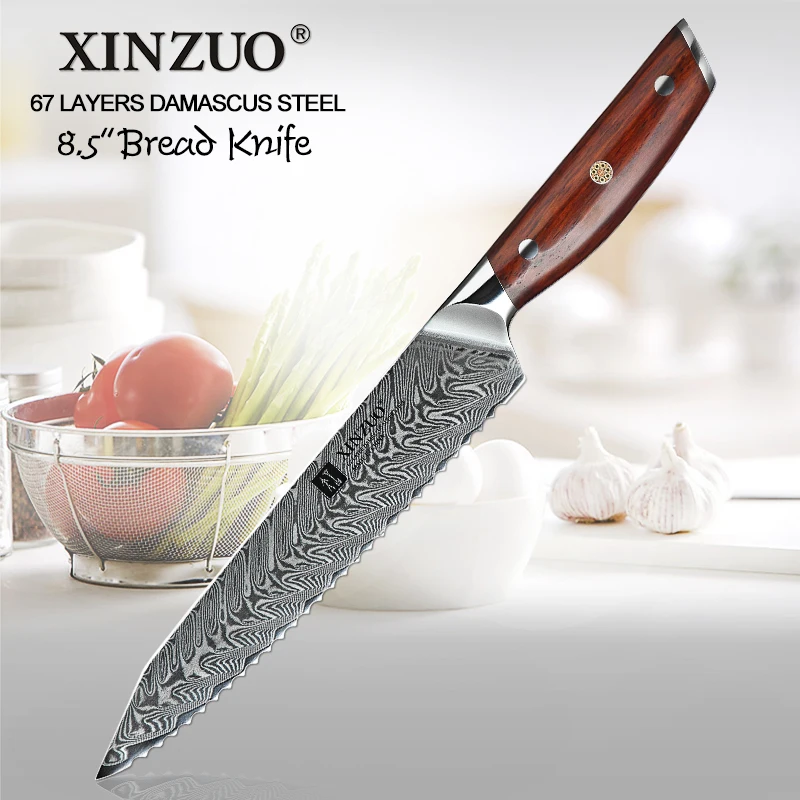 XINZUO 8,5 ''дюймовый нож для хлеба 67 слоев Дамаск высококачественный кухонный зазубренный нож инструменты для приготовления пищи мозаичная заклепка Палисандр Ручка