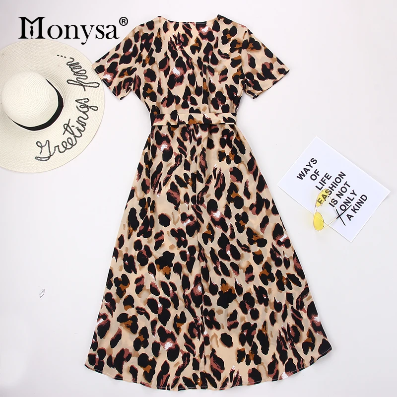 Женское леопардовое платье Monysa Повседневное средней длины с v-образным вырезом и