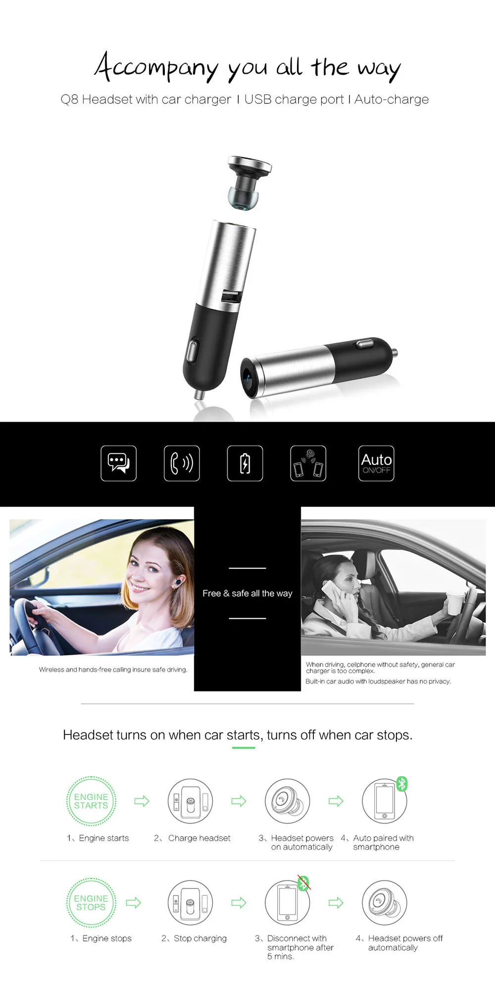 Автомобильная Bluetooth беспроводная гарнитура для наушников стерео мини наушники с Автомобильная usb-зарядка громкой связи