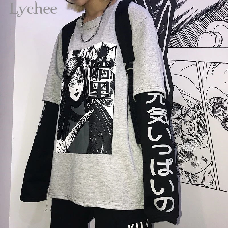 

Lychee Harajuku Japanese Anime Print Women Sweatshirt Fake 2 Pieces O-Neck Long Sleeve Casual Loose Female Sweatshirt Streetwear