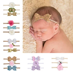 Нейлоновые повязки на голову Nishine 3 шт.лот для маленьких девочек, банты с блестками для малышей, блестящие цветочные повязки для волос, комплект головных уборов для новорожденных, аксессуары для волос