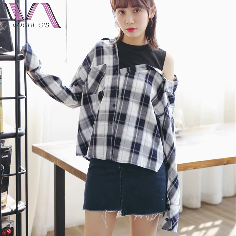 VOGUE SIS Поддельные Из Двух Частей Blusas Femininas 2017 Camisas Мода С Плеча Плед Лоскутное Осень