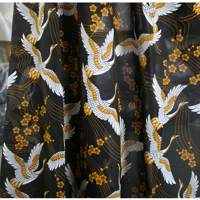 Модная шифоновая ткань с винтажным принтом кран и цветочный принт имитация шелка