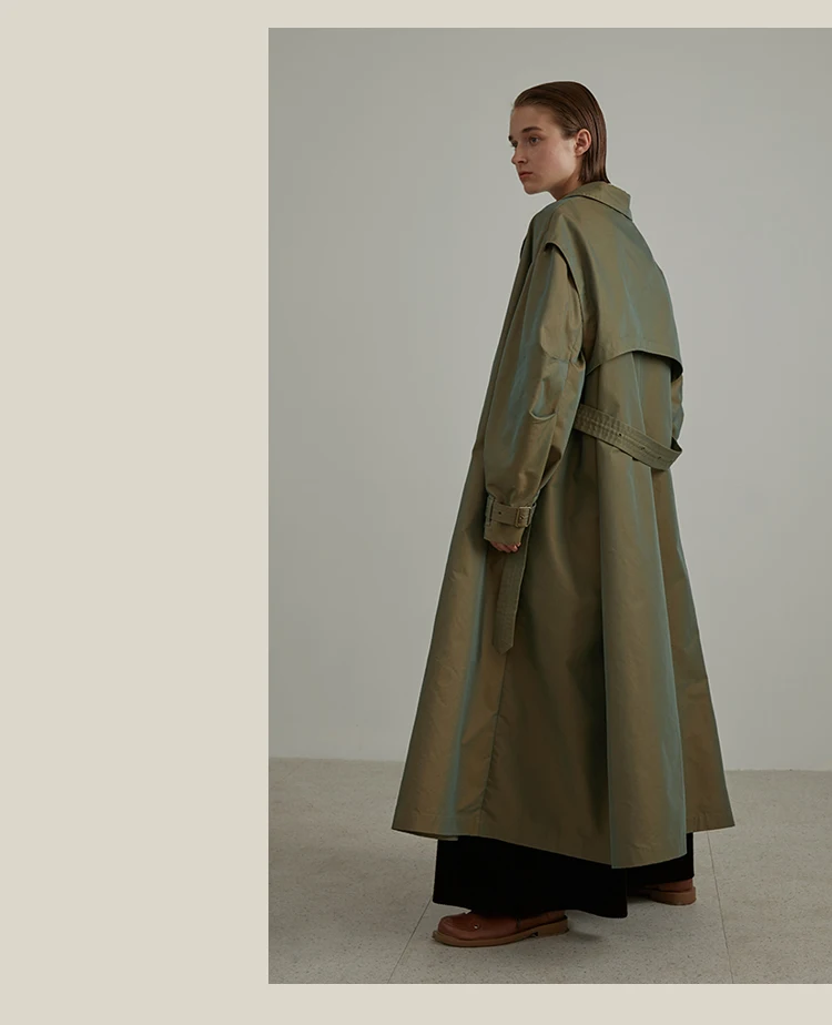 IRINAW118 FW, Новое поступление, высокое качество, негабаритный, короткий, трапециевидный, с поясом, длинный рукав, макси, Женский Тренч, пальто цвета хаки