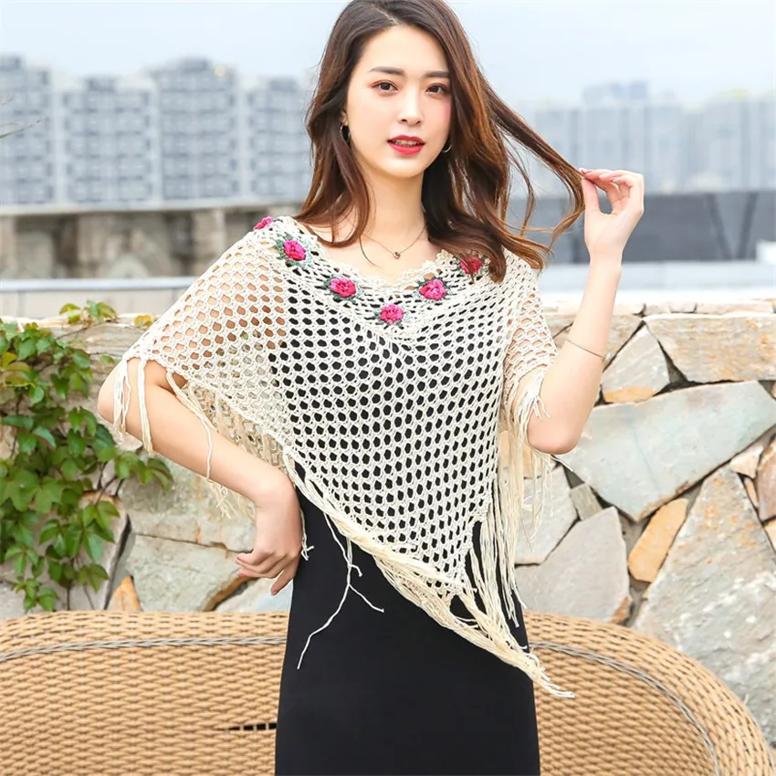 Летние Элегантные женские шали с вырезами накидки вязаные кисточками кружевное