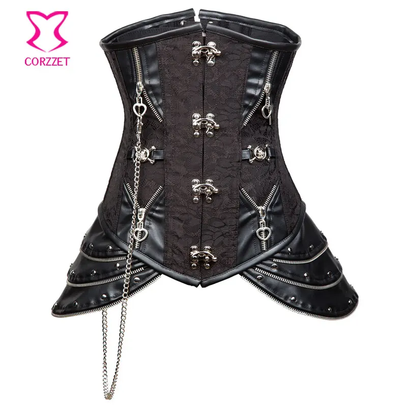 

6XL Plus Size Gothic Clothing Black Floral Brocade and Leather Steel Boned Underbust Corset Steampunk Corsets and Bustiers Sexy