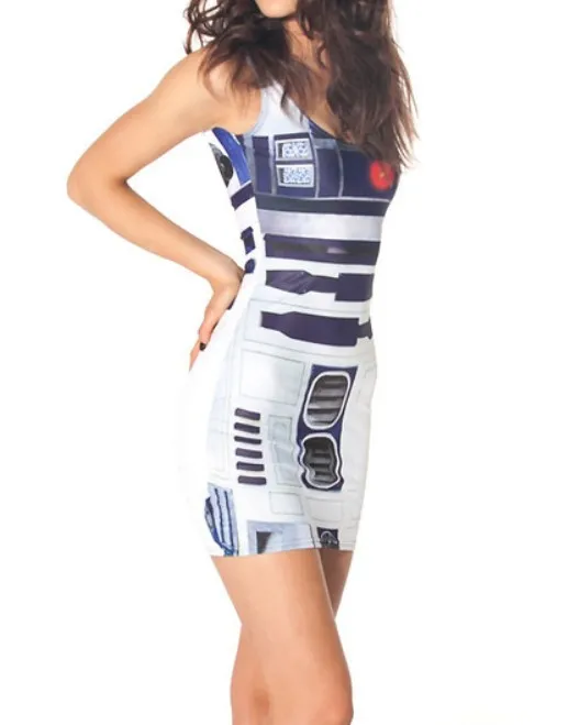 Летние Новые Сексуальные женские R2D2 Звездные войны Робот хип жилет Мини Короткое платье на бретелях трико в обтяжку Косплей Костюм
