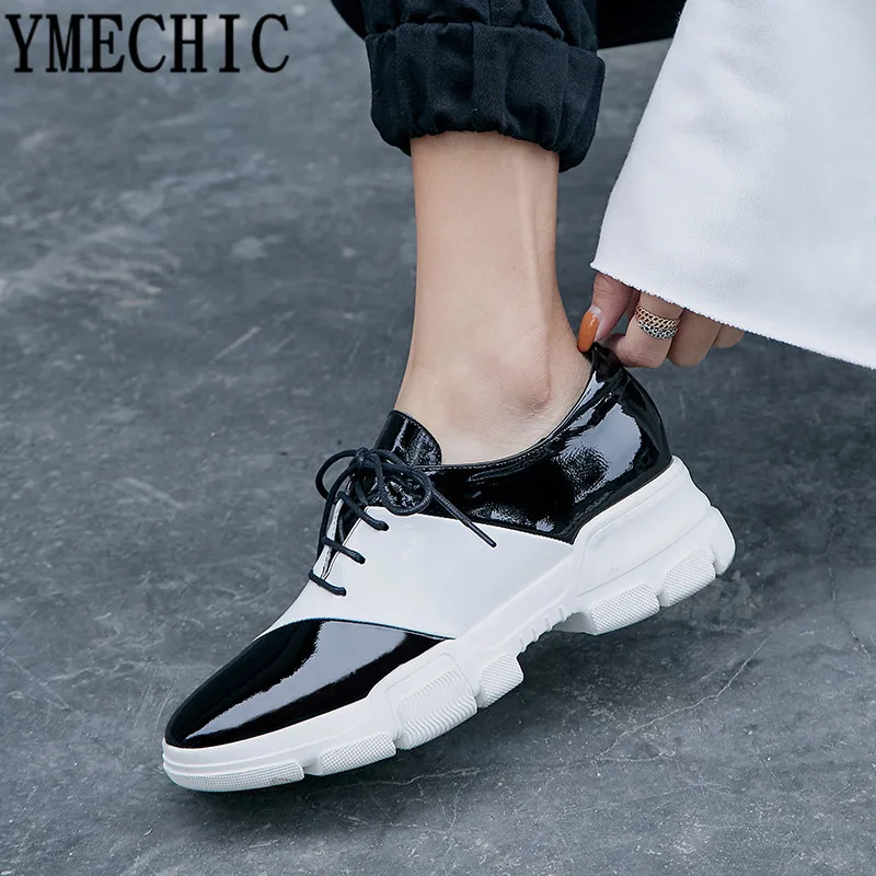 YMECHIC/Новинка весны 2019 женские оксфорды на шнуровке из лакированной натуральной