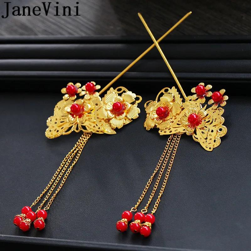 Заколка для волос JaneVini в традиционном китайском стиле пара из красного золота с