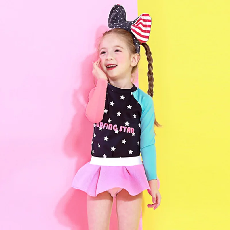 Детские купальники для маленьких девочек одежда с длинным рукавом футболка +