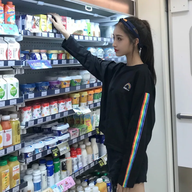 Милая Радужная полосатая футболка с вышивкой для девочек Harajuku модные женские