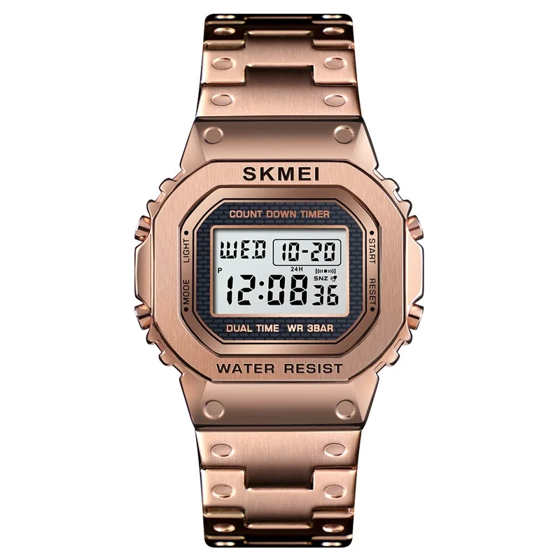 Rose gold Водонепроницаемые цифровые часы с хронографом обратного отсчета для мужчин, модные уличные спортивные наручные часы от ведущего бренда SKMEI, мужские часы с будильником - Цвет: Rose gold