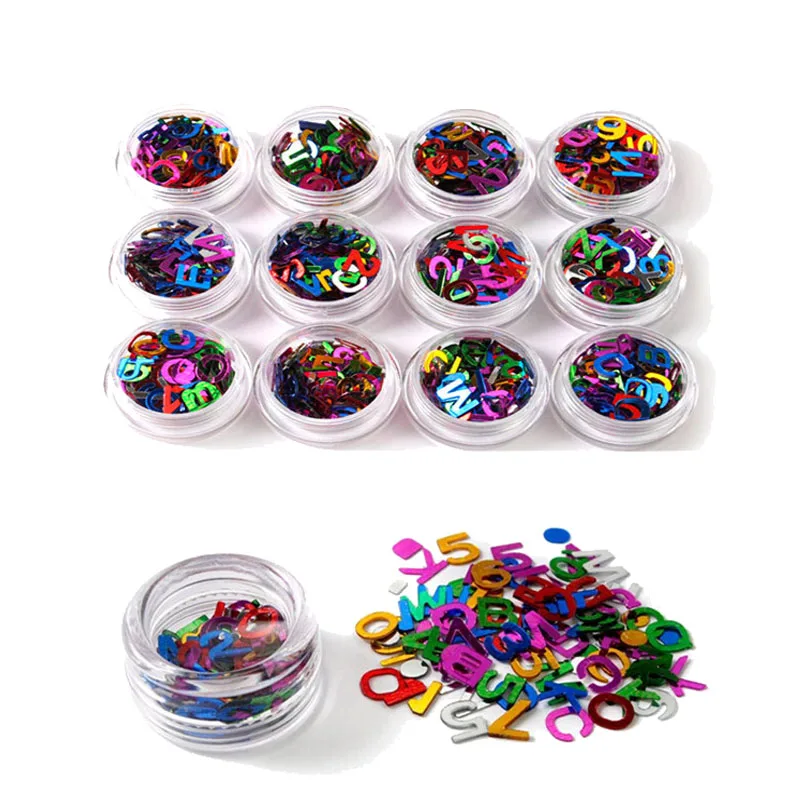 Новый 12 Цвет Дизайн ногтей поставок Наклейки буквы маленькие multi e Блёстки флэш