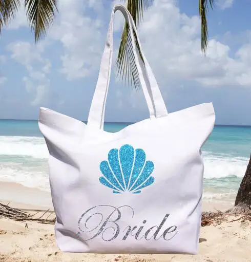 set of 4 Custom blue glitter shell beach wedding bridesmaid tote bags Champagne Party gift Bag Bachelorette bridal shower favors