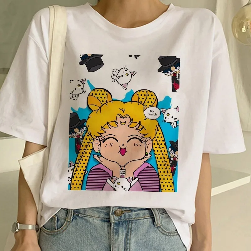 Сейлор Мун летняя новая модная футболка Женская Harajuku с коротким рукавом забавная футболка Ulzzang Милая футболка с котом Мультяшные футболки женские