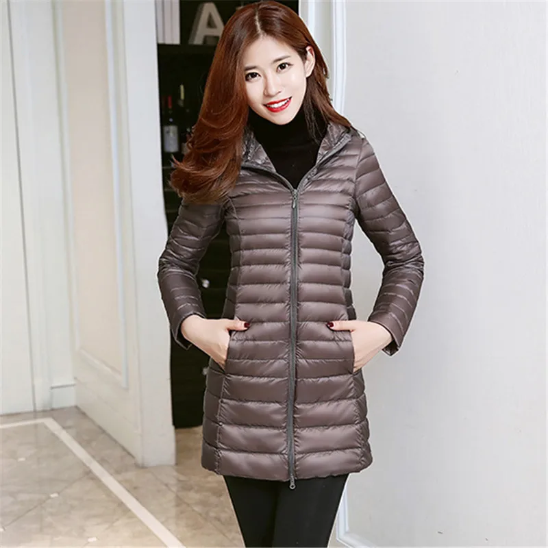 

Зимняя женская куртка, новинка 2018, женское пуховое пальто большого размера средней длины, тонкая легкая теплая приталенная Женская парка с ...