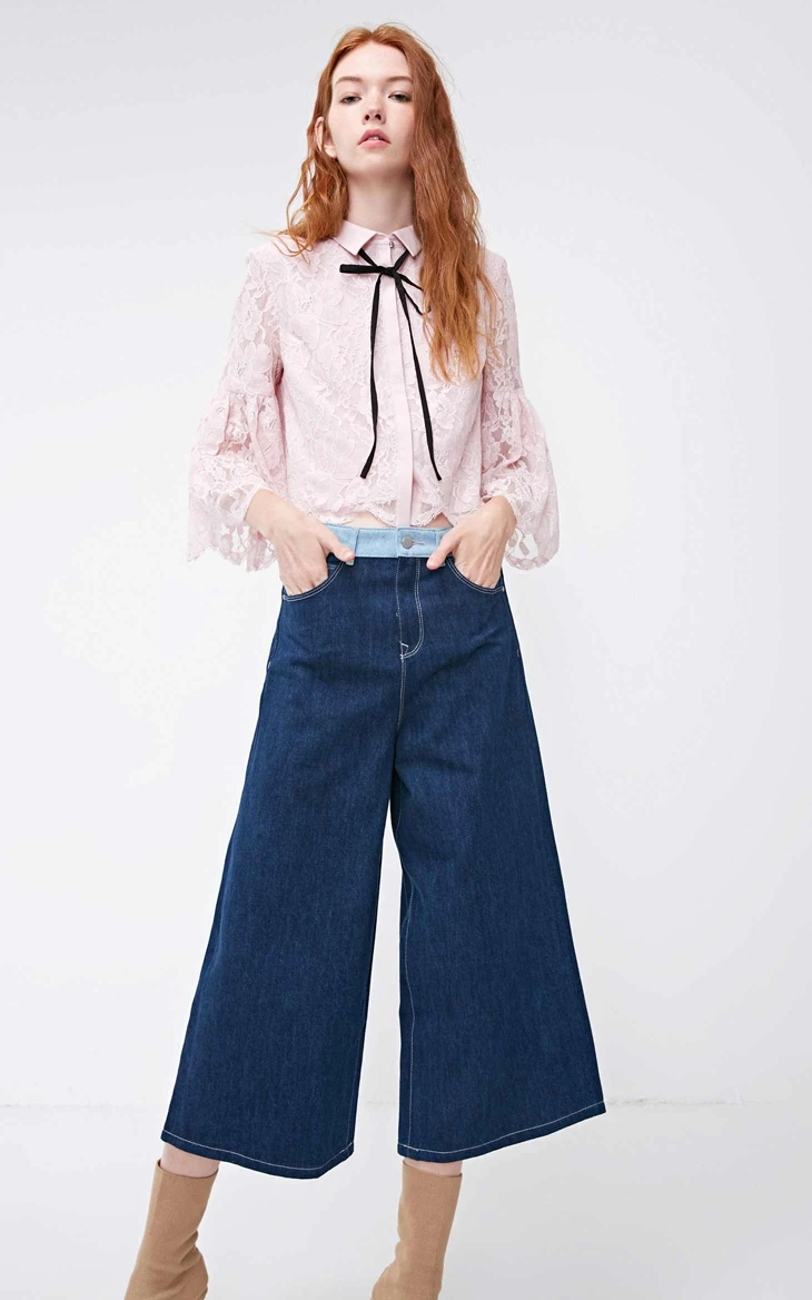 Vero Moda Новые поступления женские сплайсированные Высокая талия широкие брюки капри джинсы | 31846I504