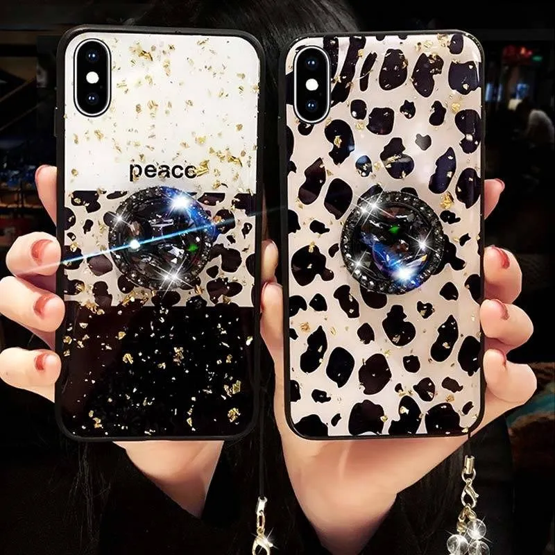 Luxury Leopard Diamond Holder Crystal Strap for iphone S 6 7 8 plus X XR MAX Samsung galaxy S8 S9 Plus S10 S10P S10E capa |