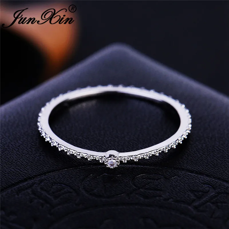 Silver Ring JUNXIN стекируемые кольца вечности для женщин 925 серебро розовое золото заполненный маленький циркон белый кристалл минималистичные тонкие кольца женские CZ - Цвет основного камня: Silver Ring