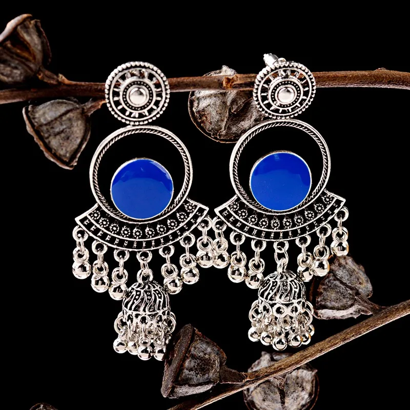 Женские египетские винтажные голубые капающие масла Jhumka Bells серебряные цветные