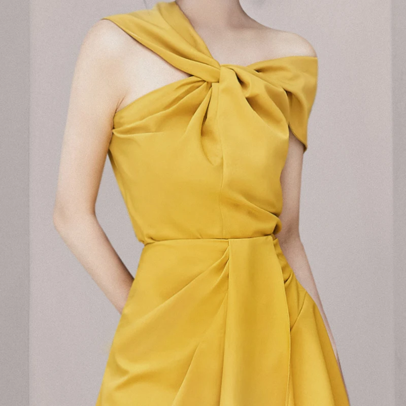 Max Spri New Fashion Asymmetrical Neckline Ruched Top Mini Wrap Skirt Office Lady 2 Pieces Sets Women Party Outfit Yellow
