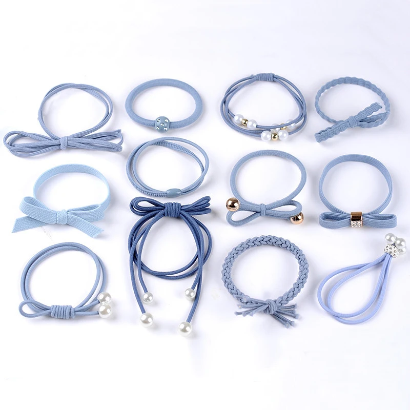 Light Blue 12 шт., сладкие конфеты, цветная лента для волос, бант, веревки для волос, кольцо, резиновые галстуки для волос, бант, эластичные женские аксессуары для волос, повязки для волос - Цвет: Light Blue