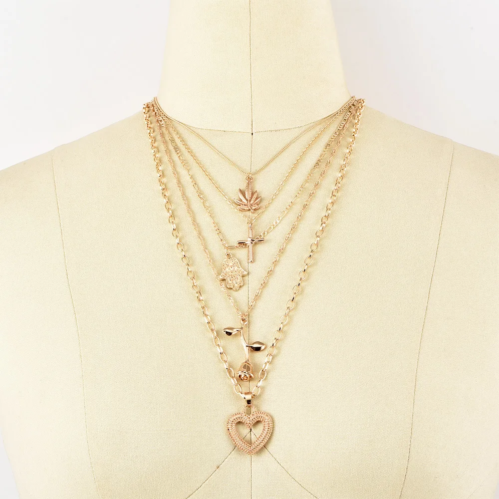 5 шт./компл. Винтаж женское ожерелье в форме сердца из розового золота Крест клен