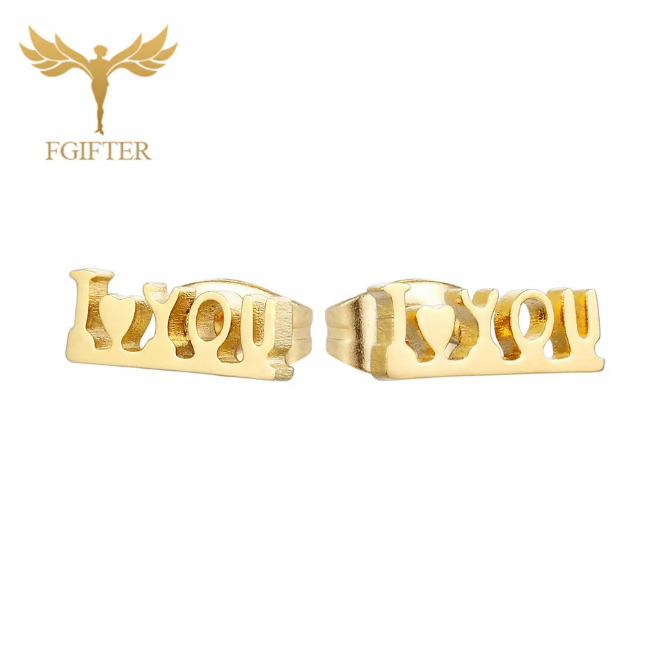 FGifter Romantic Love Word Earrings for Lovers Gold Color Steel Stud Earring Cute Small Studs Lover's Gifts Jewelry | Украшения и