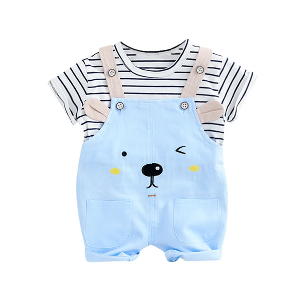 Light Blue MUQGEW одежда для маленьких мальчиков и девочек топы в полоску, футболка, комбинезон с рисунком медведя, кота, штаны Одежда для новорожденных девочек летние комплекты одежды - Цвет: Light Blue