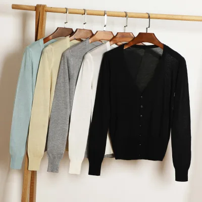 

New Solid Color Fashion Women Sweater Female Cardigan Thin Outerwear Summer Short Design Knit Long Sleeve Casual Loose Sweater