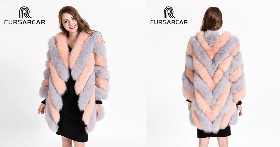 FURSARCAR Роскошные зимние Для женщин натуральный мех Натуральная длинный рукав женские комплекты с курткой для детей 80 см длинная полосатая ночная рубашка из натурального меха лисы пальто с лисьим мехом