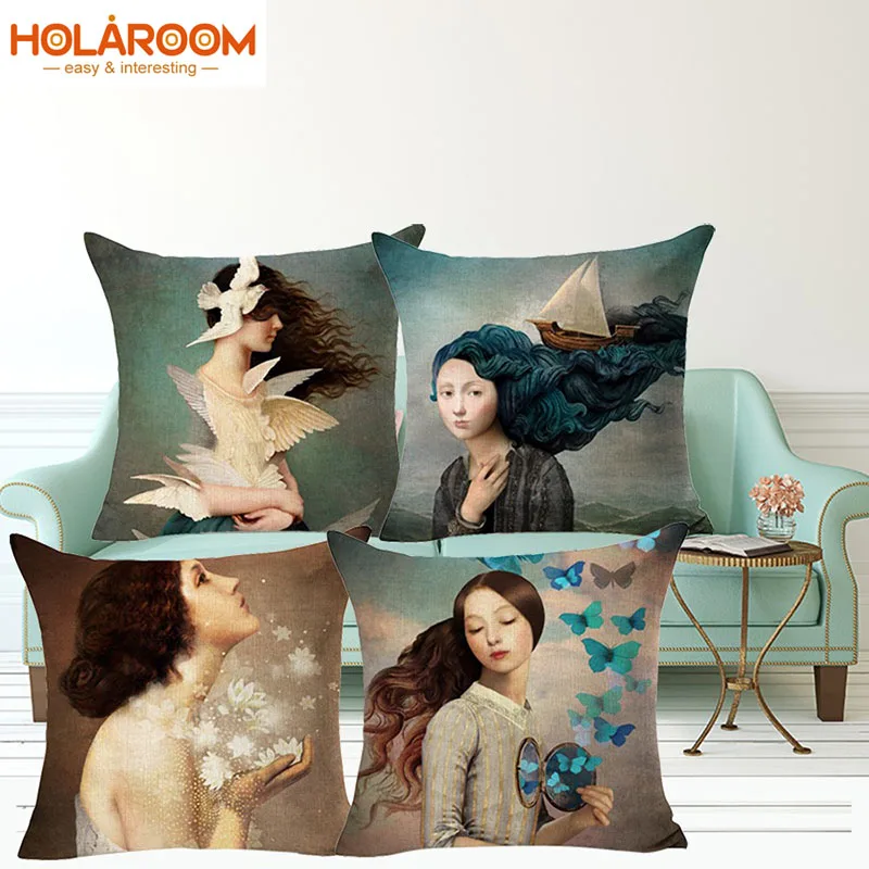 

Oil Painting Cushion Cover Linen Cotton Creative Design Beautiful Girl Home Decor Funda Cojin Housse Coussin Cushion Cover