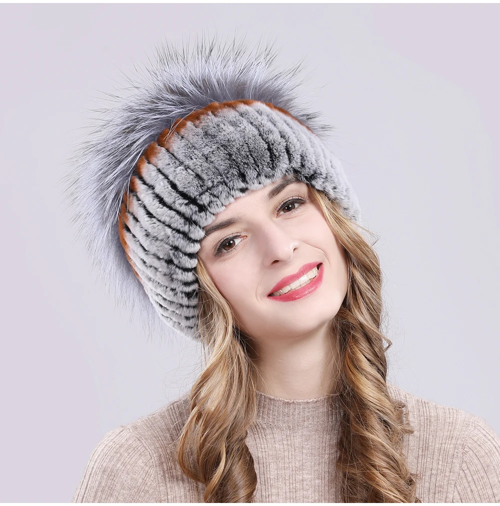 Outdoor Women Warm Soft Genuine Rex Rabbit Fur Hat Knitted Natural Real Sliver Fox Fur Caps Winter Real Rabbit Fur Beanies Hats