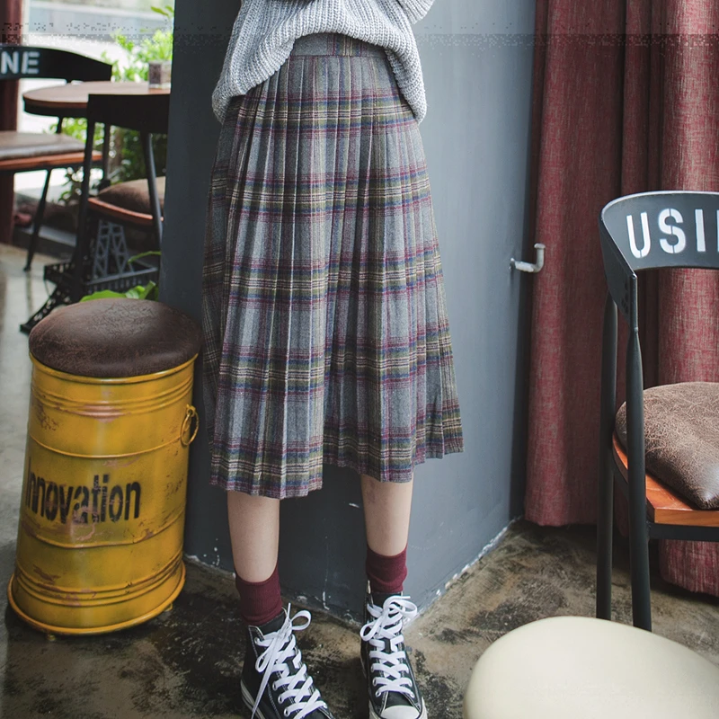 2017 осенняя и зимняя женская Корейская Высокая талия клетчатая шерстяная