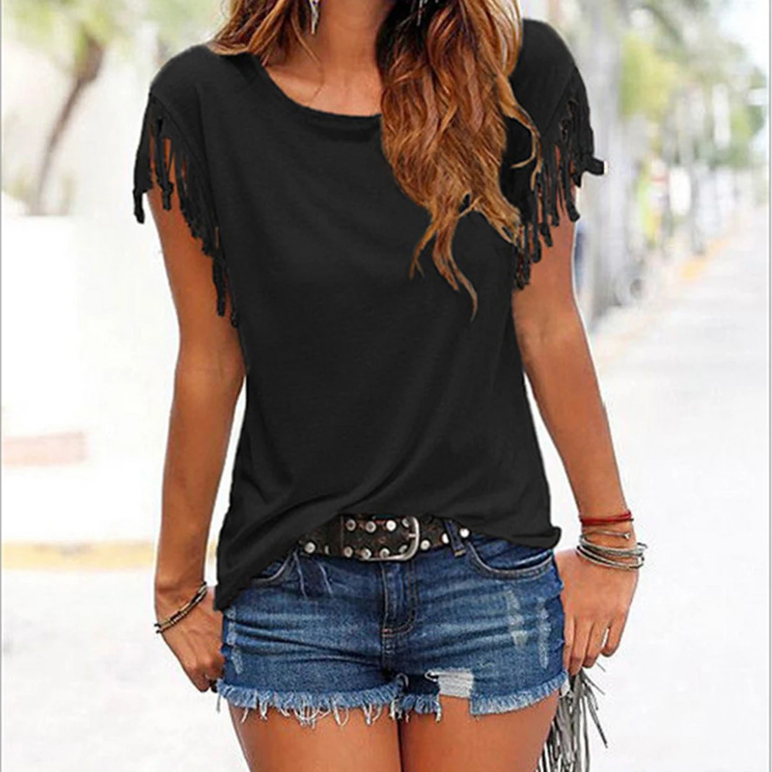 2018 Tassel Sleeve T-Shirt Women Casual Loose Tops Tee Shirt Femme Patchwork Sexy 0-Neck Female T Shirts Office Blusas Mujer | Женская