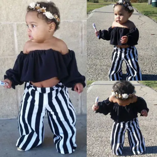 2018 полосатый Комплект детской одежды для маленьких девочек с открытыми плечами