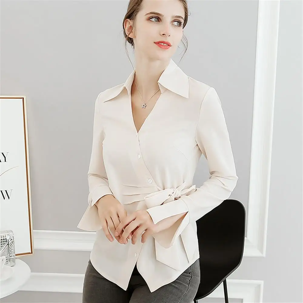 2019 весенне-осенняя однотонная Модная Повседневная шифоновая рубашка с длинными