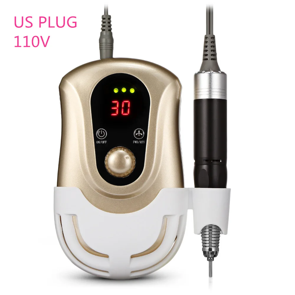 Gold US PLUG Портативный Фрезер для ногтей 30000 об/мин, инструменты для маникюра, педикюра, напильники, электрический полировщик, шлифовальный светодиодный экран, инструменты для скоростных ногтей - Цвет: Gold US PLUG