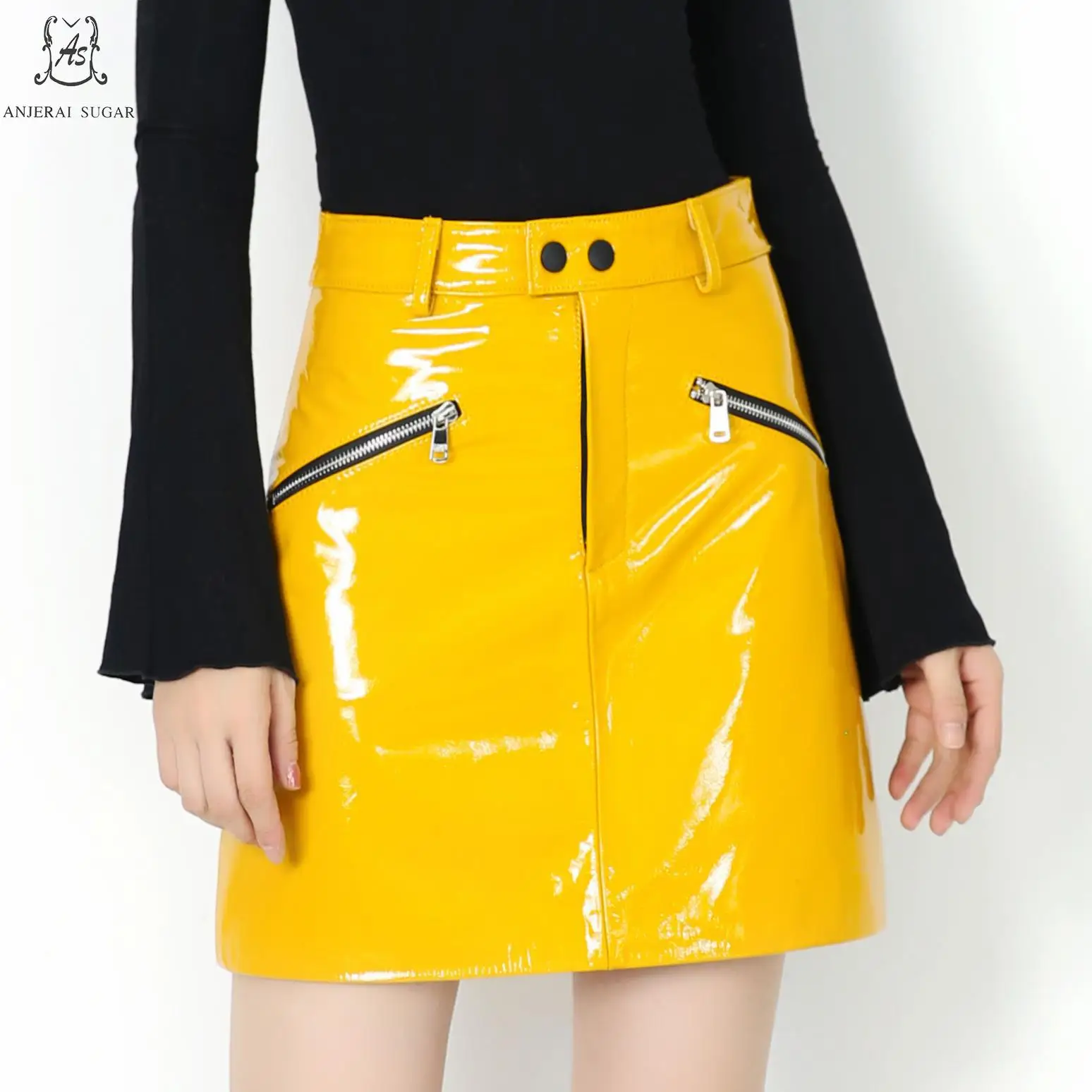 Осень Зима Натуральная кожа Юбки Женские Желтый Хаки молния посылка хип овчина