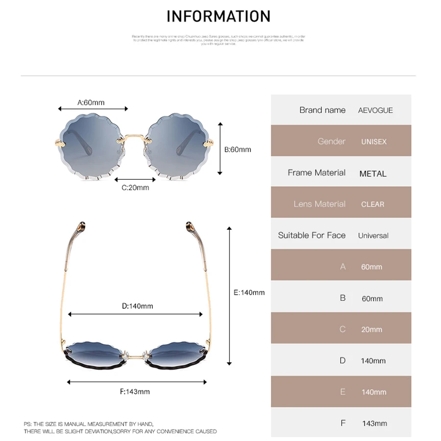 Женские солнцезащитные очки без оправы AEVOGUE круглые брендовые дизайнерские