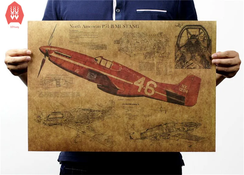Винтаж Ретро Бумага плакат P 51 мустанг стены Стикеры см x 35 5 художественные