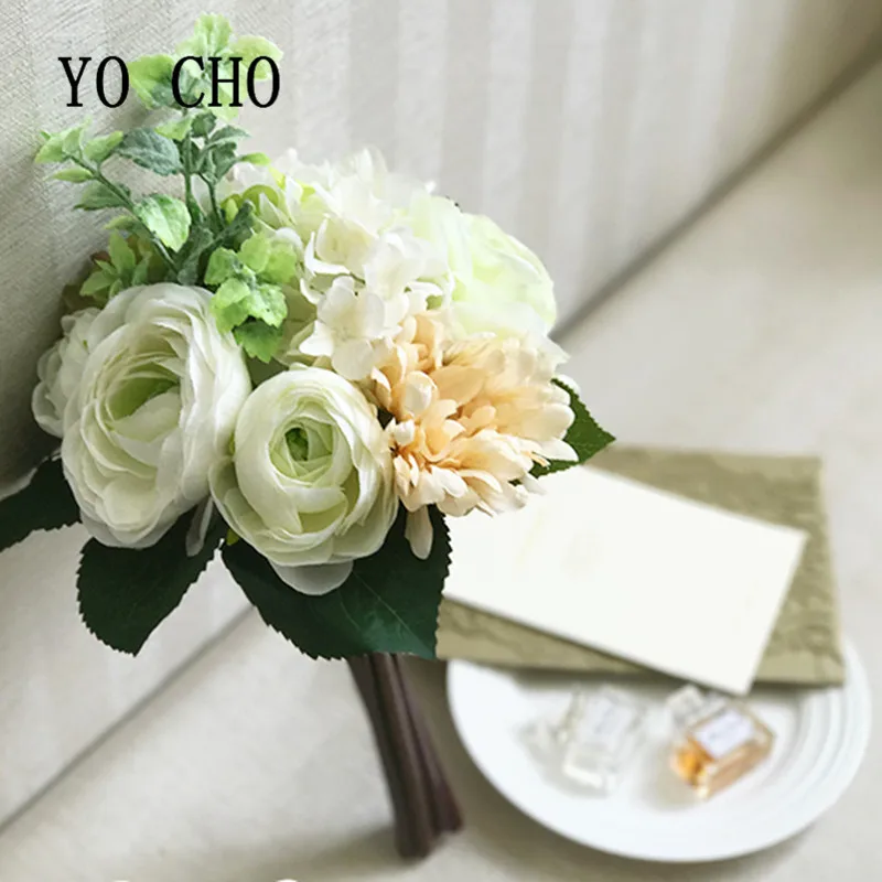 

YO CHO Mint Green Flowers Peony Wedding Flowers Party Bridesmaid Sisters Bouquet Girl Prom Ribbon Rose Greenery Bridal Bouquet