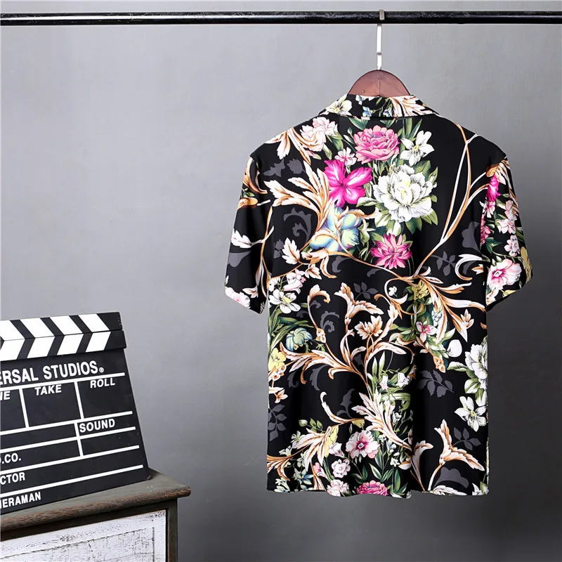 

Mens black flower printed short sleeve summer shirts Twill floral turn down collar high street single breasted size M-5XL drop