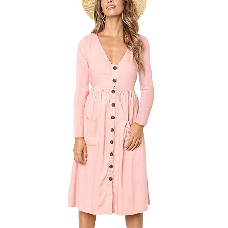 Летние хлопковые платье Женская Туника v образным вырезом короткий рукав розовый