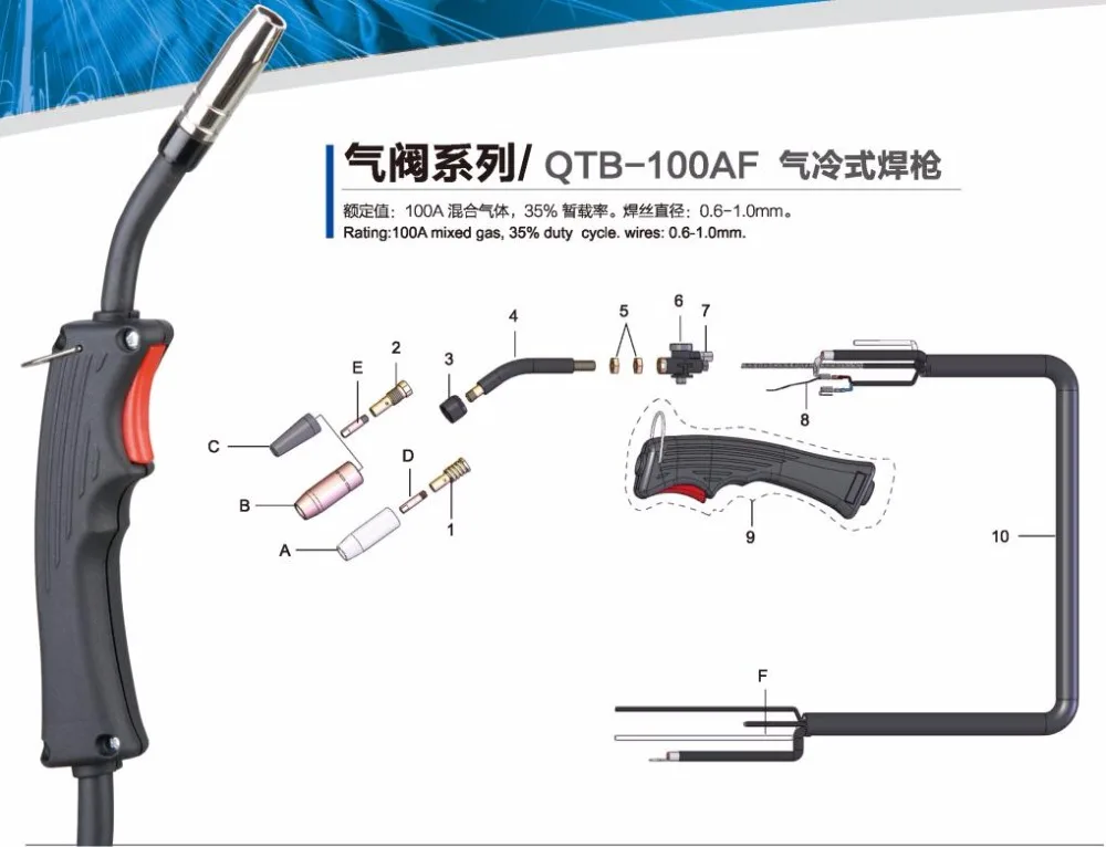 QTB-100AF NV-100T-2.5 Mig сварочный фонарь пистолета с Tweco пистолет шеи 2,5 метров