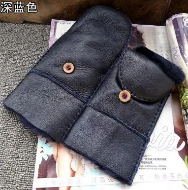 dark blue Женские осенне-зимние Утепленные перчатки с шерстяной подкладкой, женские цельные перчатки из натуральной овчины, кожаные меховые перчатки для вождения R586 - Цвет: dark blue