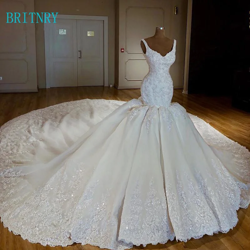 

BRITNRY New Arrival Vintage Mermaid Wedding Dresses V Neck Lace Appliques Plus Size Wedding Gowns Luxury Bride Dress
