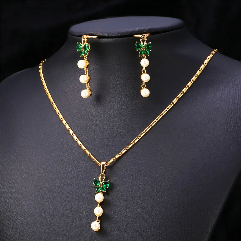 U7 Золотой/Серебряный Цвет Синтетический Жемчуг Ожерелье Серьги С зеленом Камнем