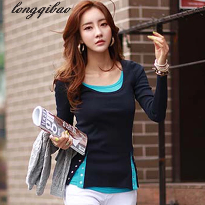 

2017 spring and summer new women 's fashion cotton long - sleeved Slim fake hit two color T - shirt AL50