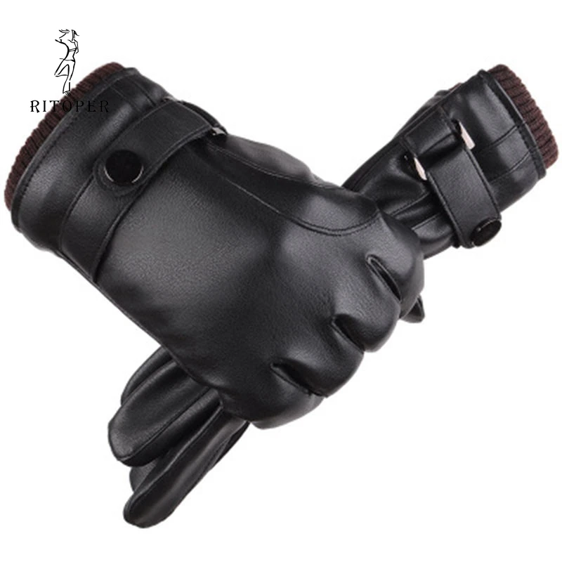 Мужские зимние кожаные перчатки RITOPER бархатные ветрозащитные и